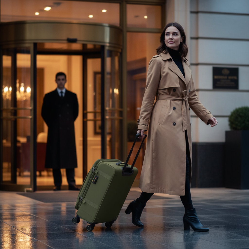 Apex Ranger — woman with green suitcase at hotel arrival