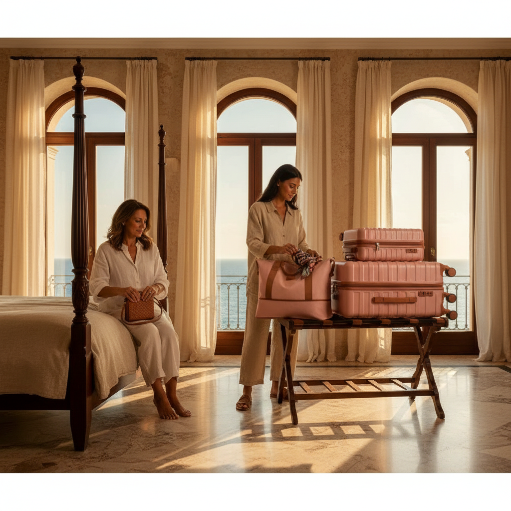 Celine 5-piece set in Mediterranean hotel suite — mother and daughter scene